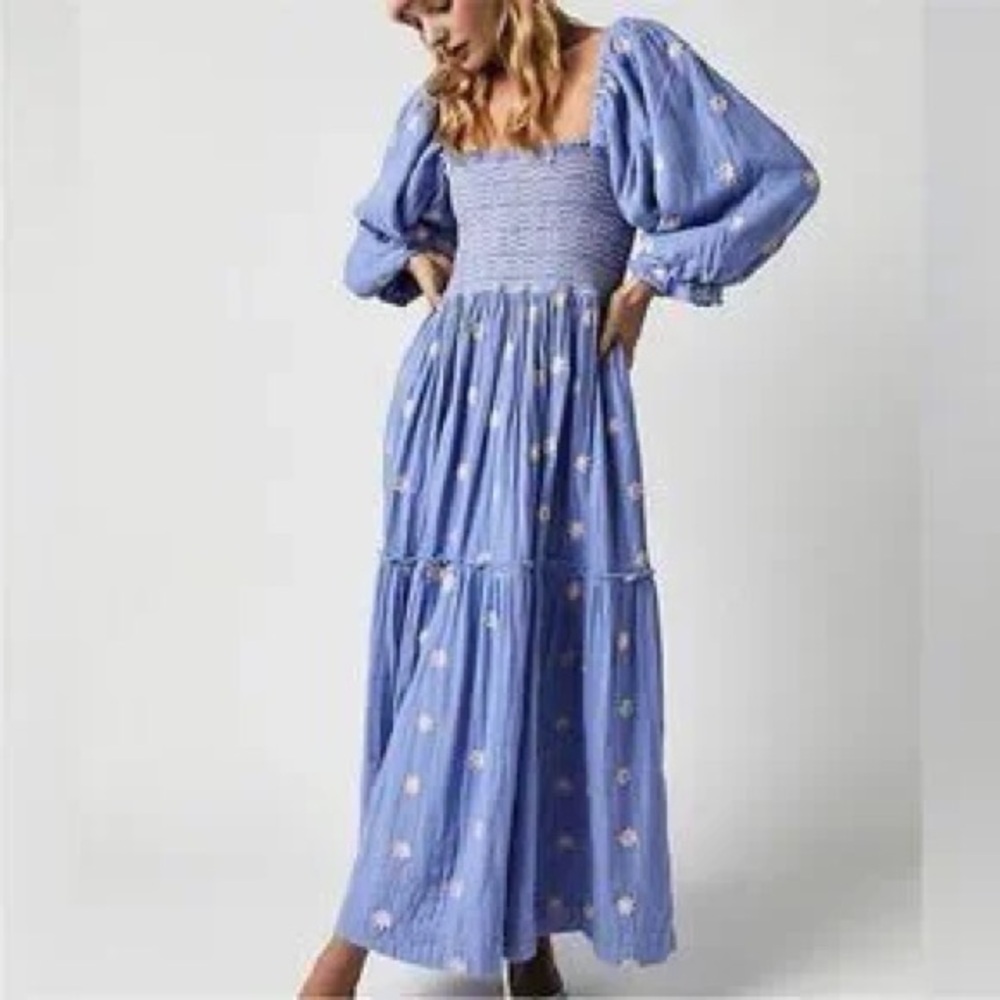Free People Dahlia Dress- Periwinkle with Light Pink Embroidered Flowers